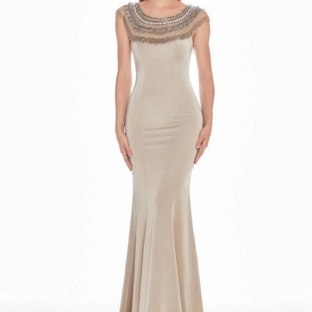 Ashley Lauren Taupe Beaded Fringe Crepe Gown